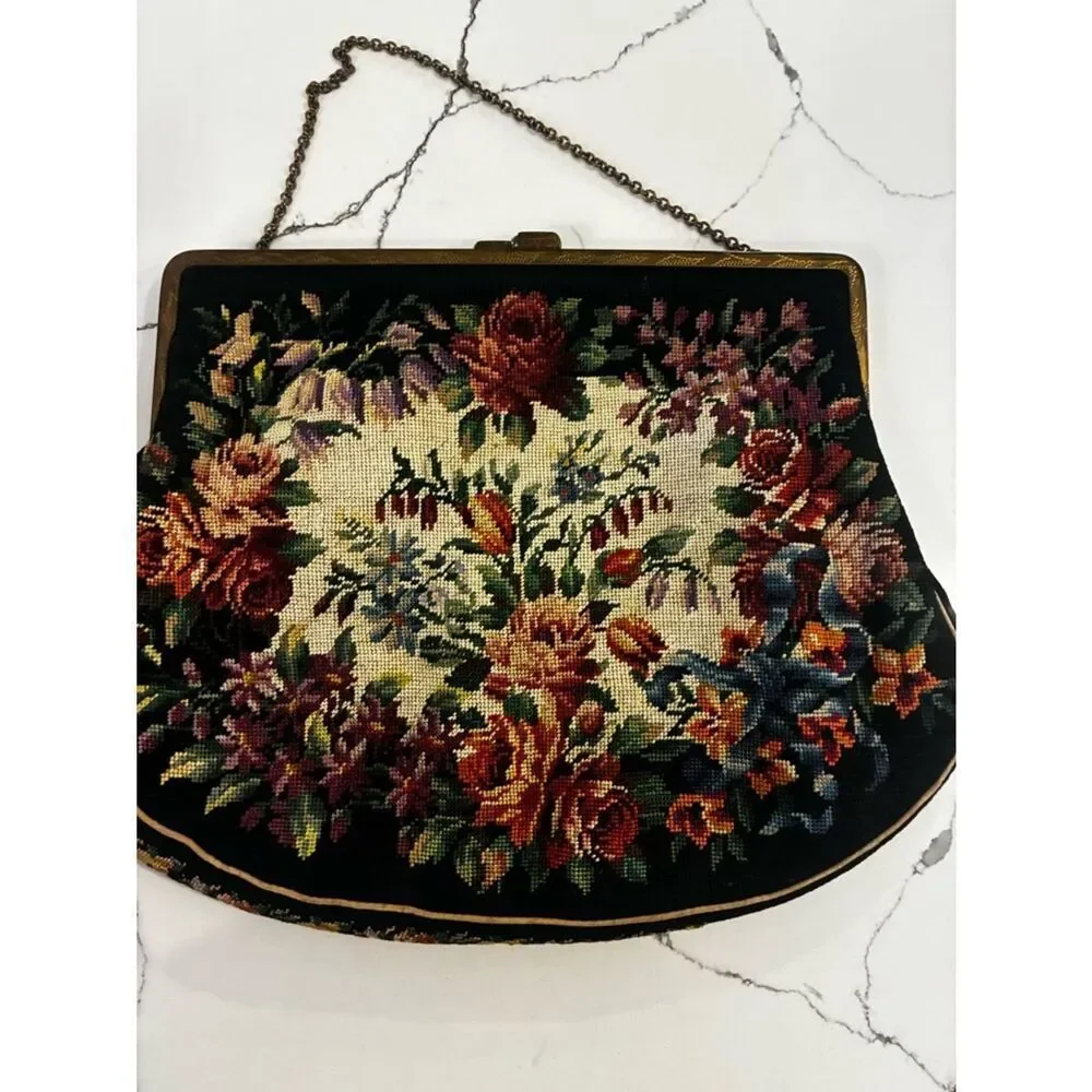 Vintage Floral Tapestry Handbag in Black and Multicolor